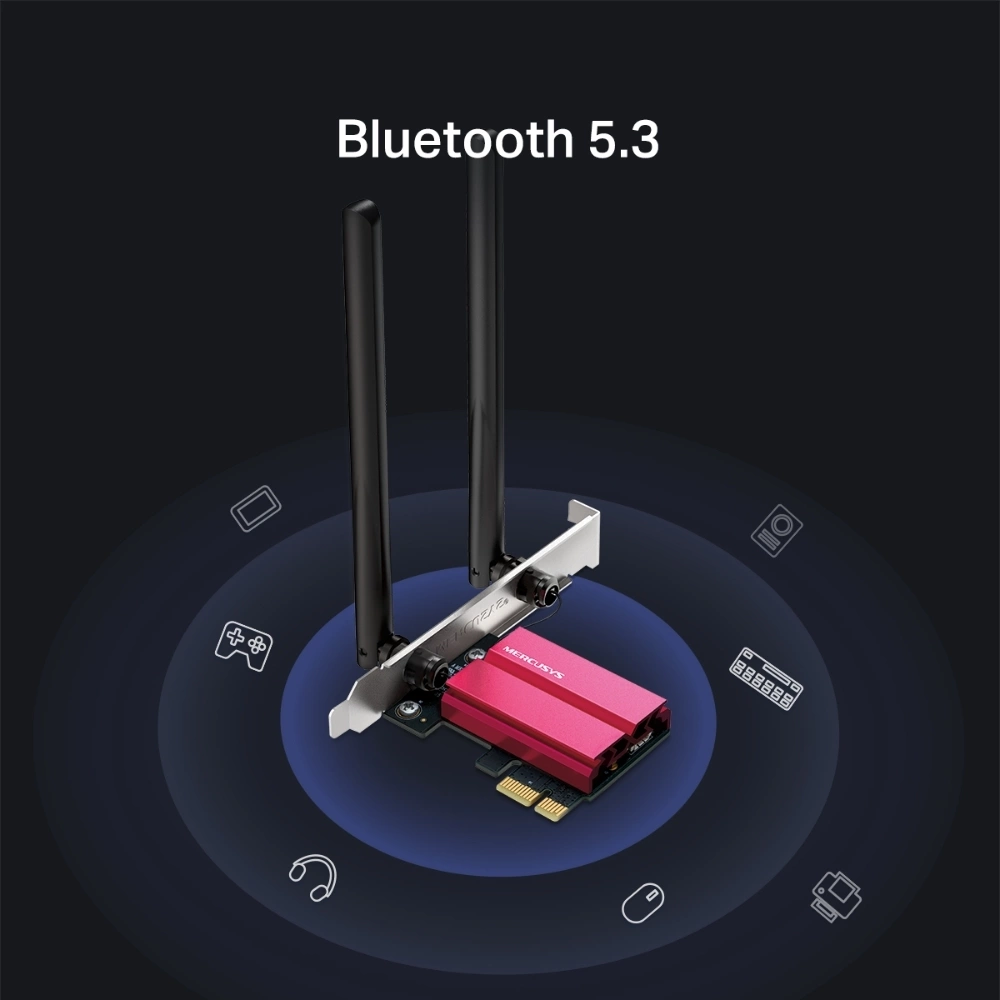 MA86XE Трёхдиапазонный адаптер PCI Express с поддержкой Bluetooth и Wi-Fi 6E AXE5400 Трёхдиапазонный адаптер PCI Express с поддержкой Bluetooth и Wi-Fi 6E AXE5400