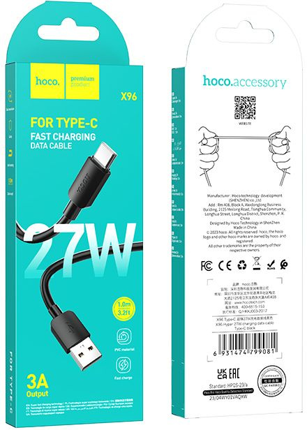 Кабель Hoco X96 Hyper X96 HYPER 27W TYPE-C USB (m)-USB Type-C (m) 1м черный коробка