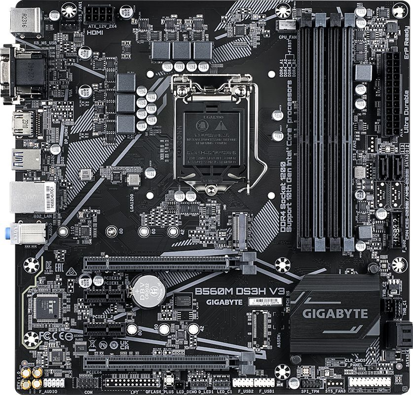 Материнская плата Gigabyte B560M DS3H V3 Soc-1200 Intel H470 4xDDR4 mATX AC`97 8ch(7.1) GbLAN+VGA+DVI+HDMI