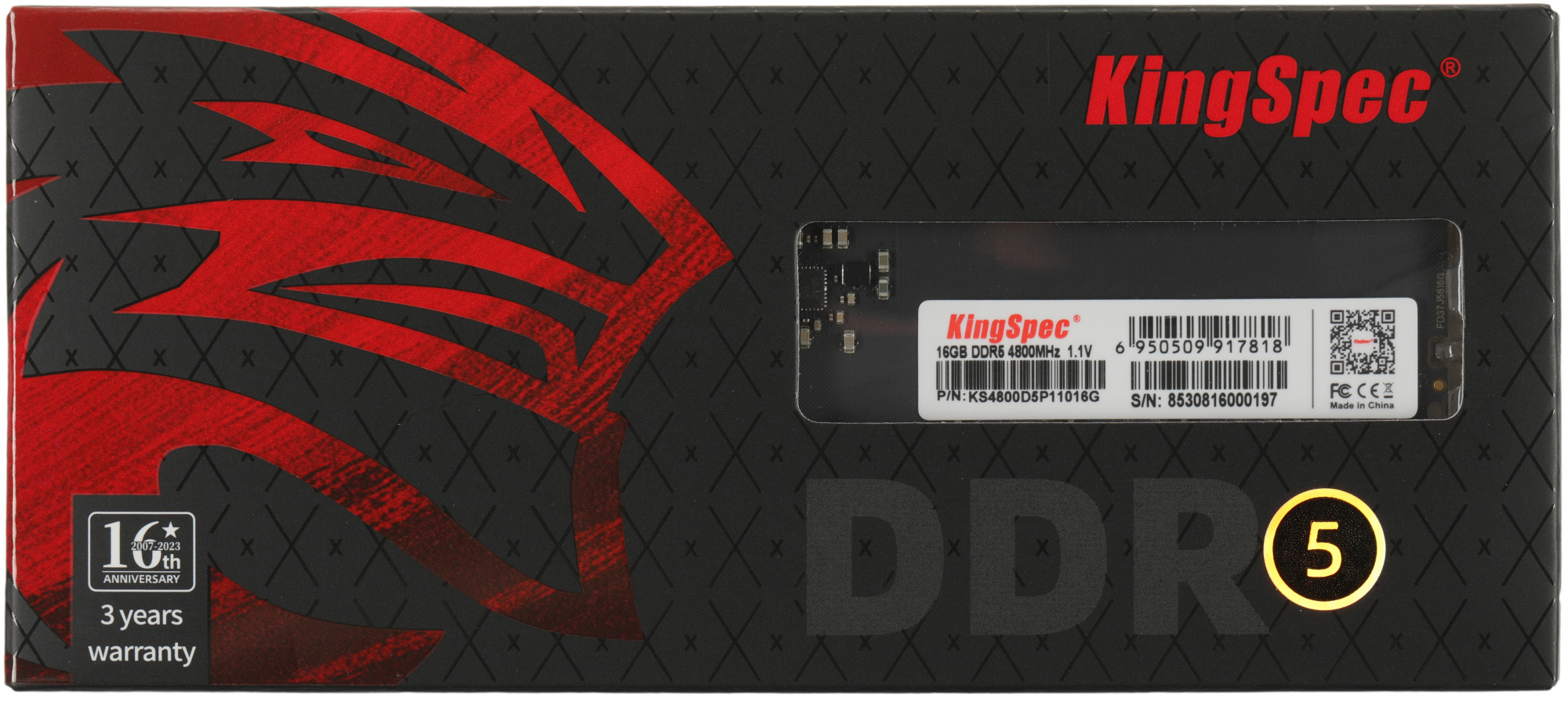 Память DDR5 16GB 4800MHz Kingspec KS4800D5P11016G RTL PC5-38400 CL40 DIMM 288-pin 1.1В single rank Ret