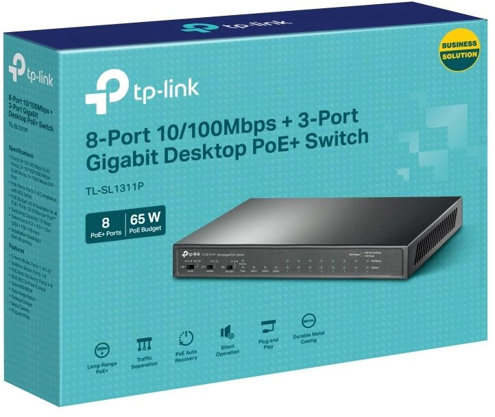 Коммутатор TP-Link TL-SL1311P (L2) 8x100Мбит/с 2x1Гбит/с 1x10Гбит/с 1SFP 8PoE+ 65W неуправляемый