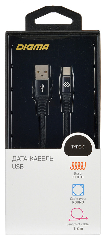 Кабель Digma TYPE-C-1.2M-BRAIDED-BLK USB (m)-USB Type-C (m) 1.2м черный