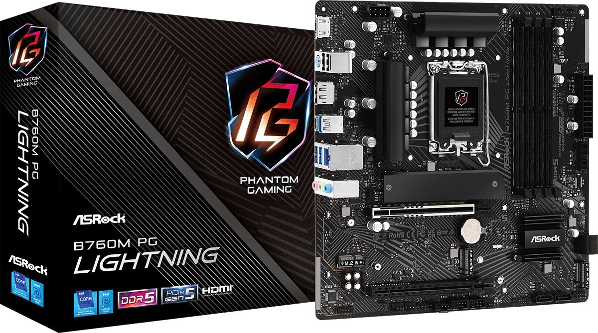 Материнская плата Asrock B760M PG LIGHTNING Soc-1700 Intel B760 4xDDR5 mATX AC`97 8ch(7.1) 2.5Gg RAID+HDMI+DP