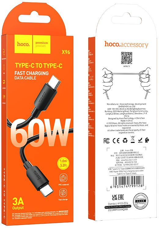 Кабель Hoco X96 Hyper X96 HYPER TYPE-C TO TYPE-C USB Type-C-USB Type-C 1м черный коробка