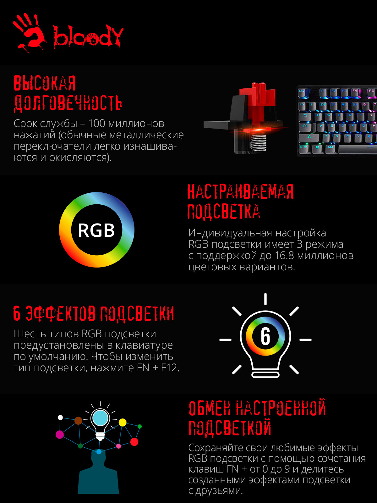 Клавиатура A4Tech Bloody B820R механическая черный USB for gamer LED (B820R BLACK (RED SWITCH))