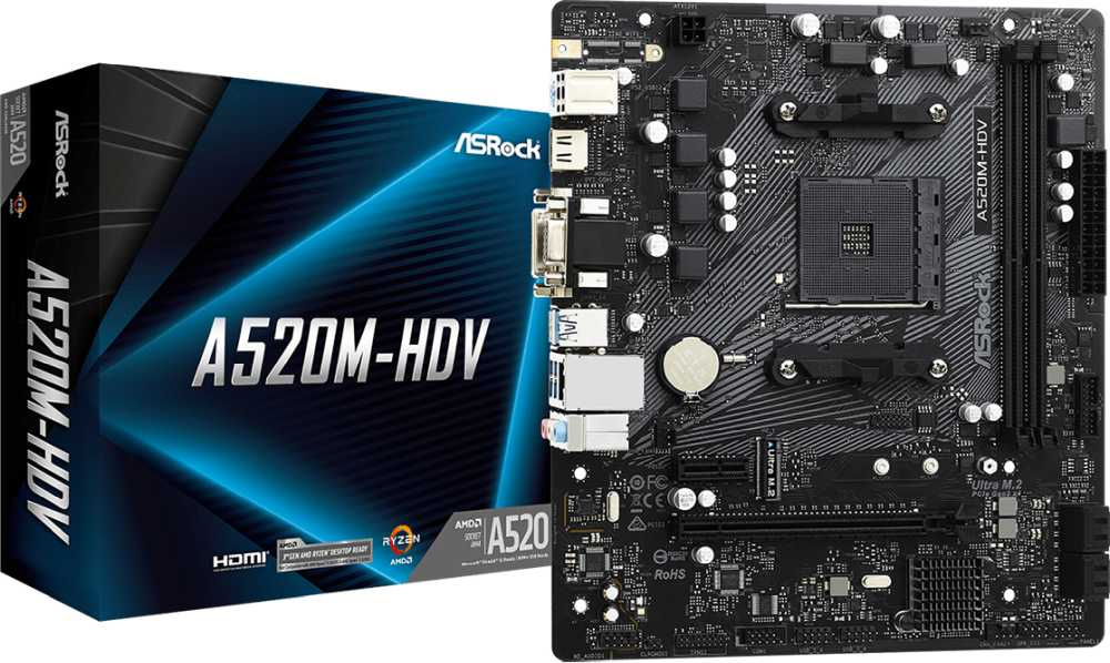 Материнская плата Asrock A520M-HDV Soc-AM4 AMD A520 2xDDR4 mATX AC`97 8ch(7.1) GbLAN RAID+VGA+DVI+HDMI