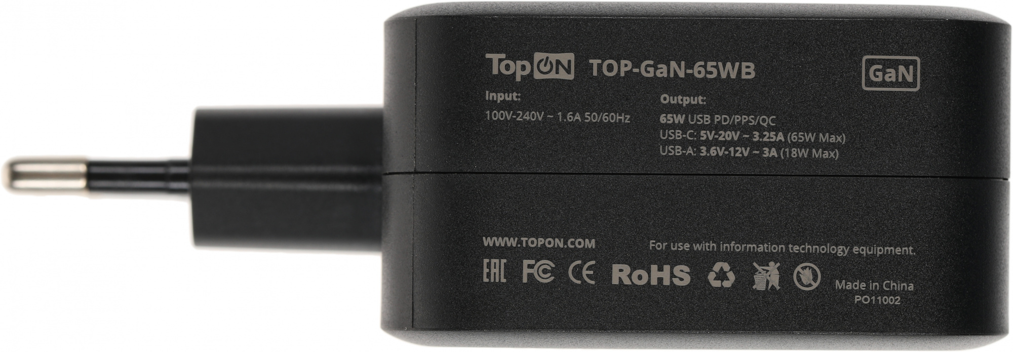 Блок питания TopON TOP-GaN-65WB автоматический 65W 5V-20V 3.25A 2xUSB от бытовой электросети LED индикатор