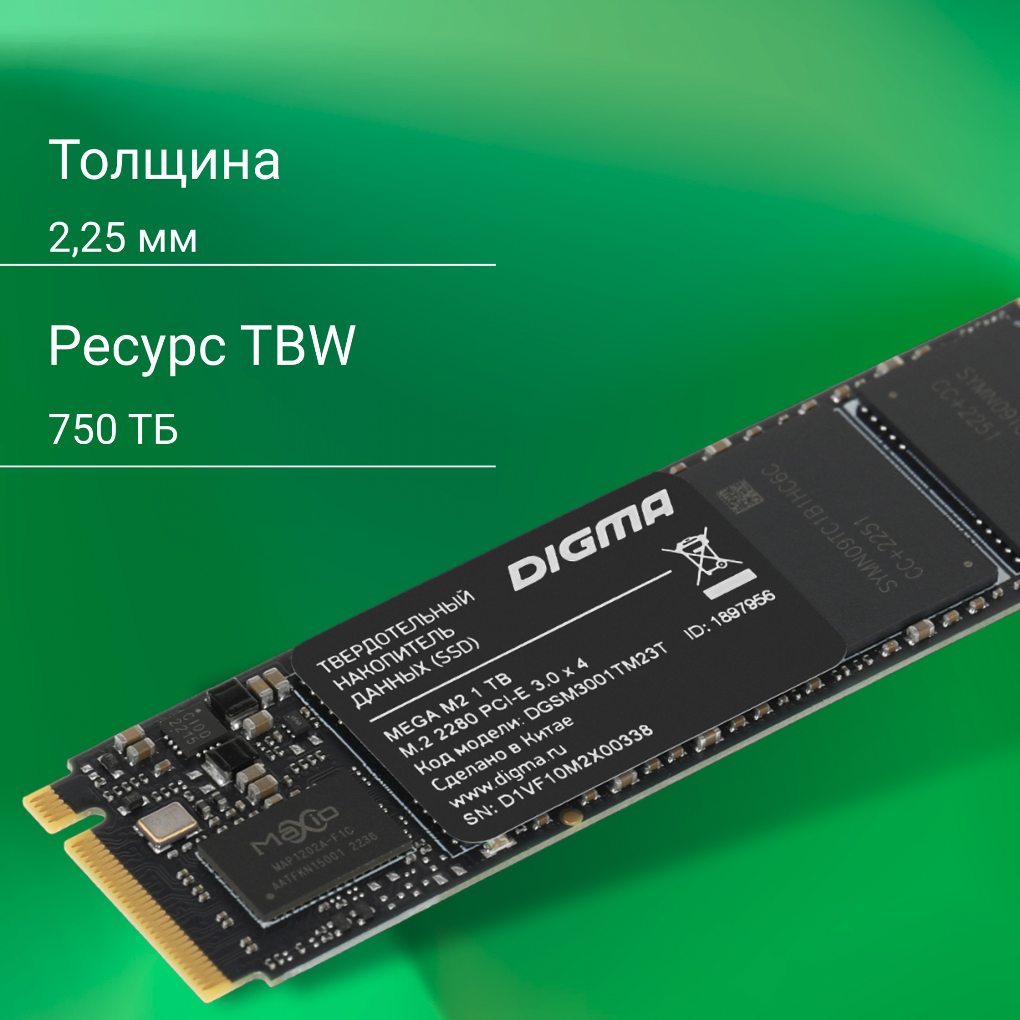 Накопитель SSD Digma PCIe 3.0 x4 1TB DGSM3001TM23T Mega M2 M.2 2280