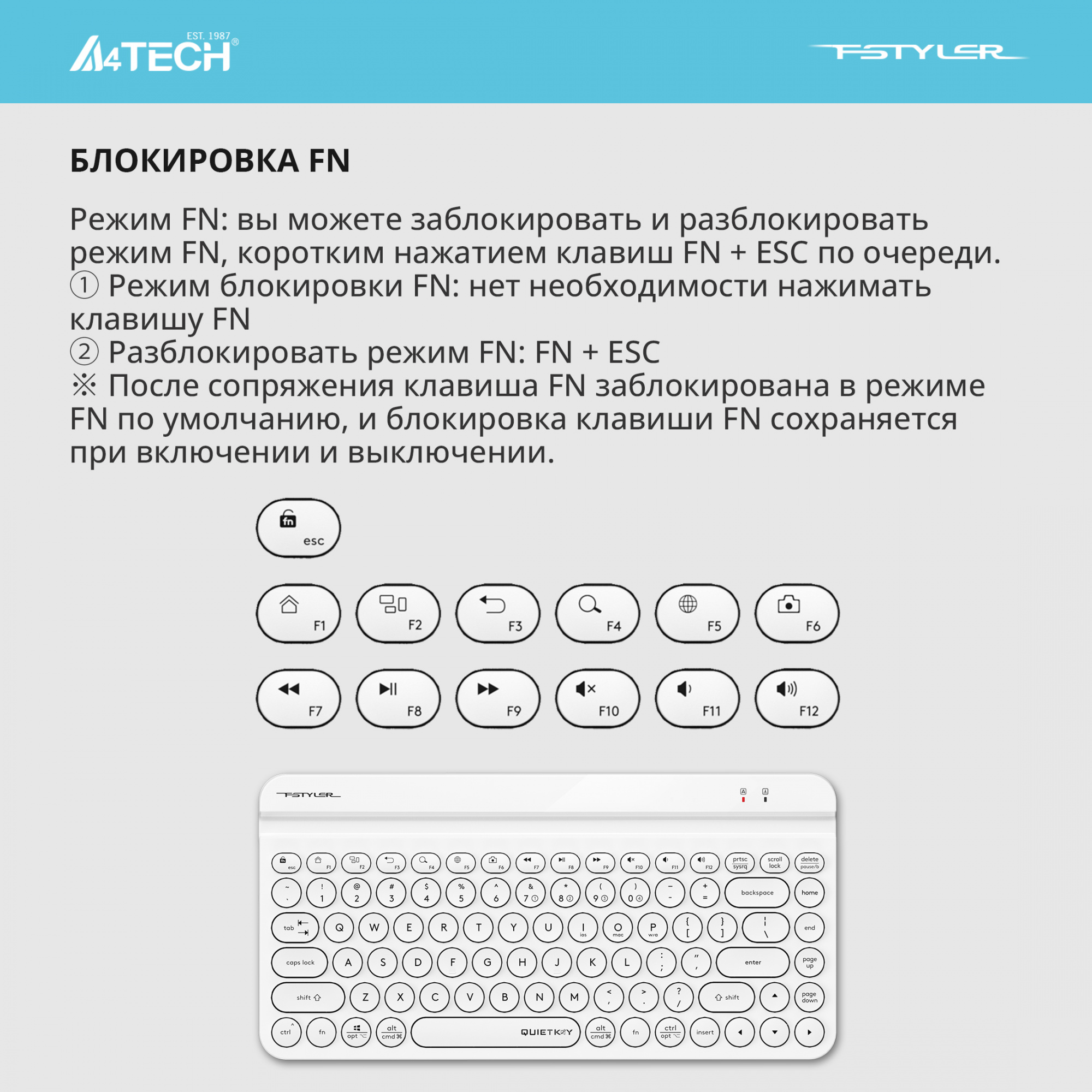 Клавиатура A4Tech Fstyler FBK30 белый USB беспроводная BT/Radio slim Multimedia (FBK30 WHITE)