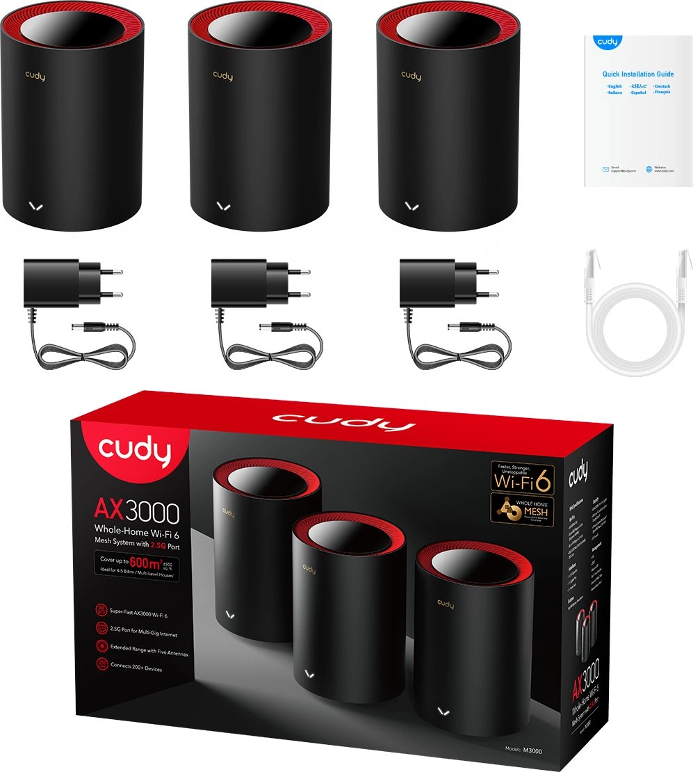 Бесшовный Mesh роутер Cudy M3000 (M3000 1.0 (3-PACK)) AX3000 10/100/1000/2500BASE-T/WI-FI черный (упак.:3шт)