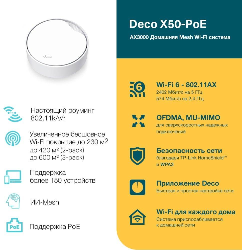 Бесшовный Mesh роутер TP-Link Deco X50-PoE(1-pack) AX3000 1000/2500BASE-T белый