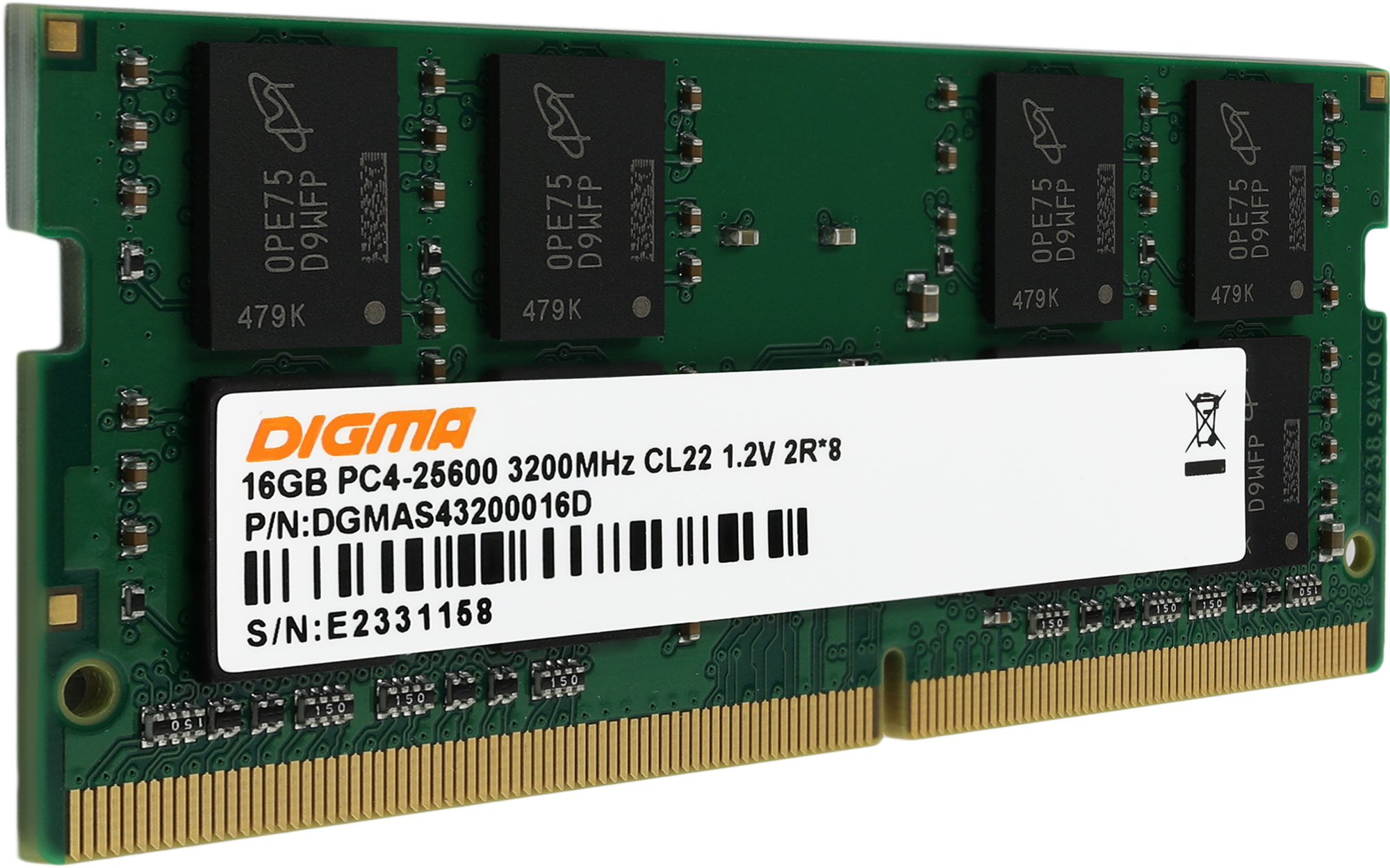 Память DDR4 16Gb 3200MHz Digma DGMAS43200016D RTL PC4-25600 CL22 SO-DIMM 260-pin 1.2В dual rank Ret