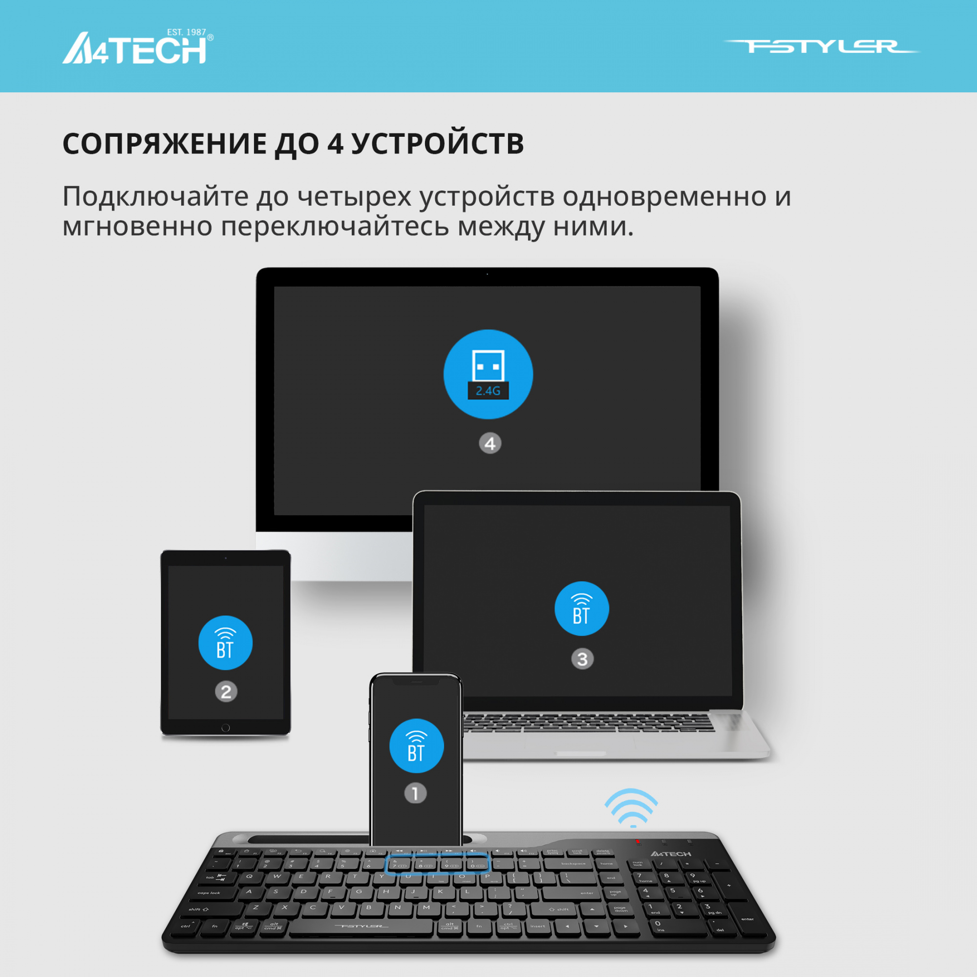 Клавиатура A4Tech Fstyler FBK25 черный/серый USB беспроводная BT/Radio slim Multimedia