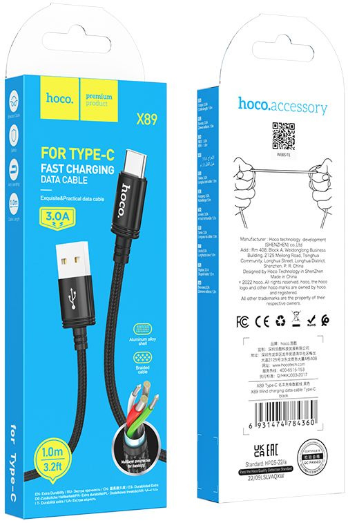 Кабель Hoco X89 Wind X89 WIND TYPE-C UNPACKAGED USB (m)-USB Type-C (m) 1м черный без упаковки